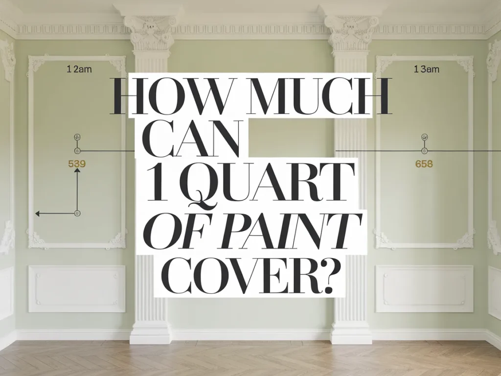 Infographic showing how much area 1 quart of paint can cover, featuring measurements and a stylized question.