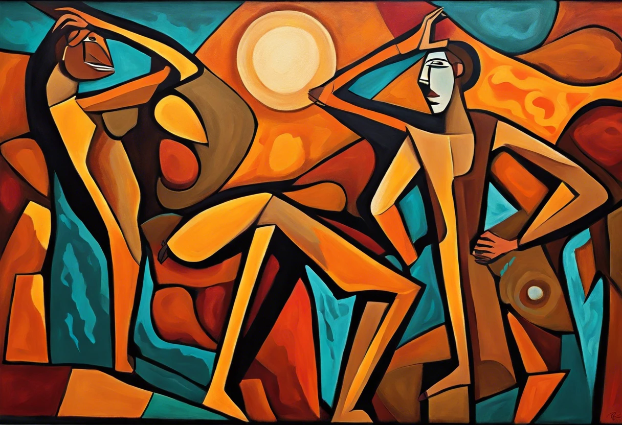 Colorful abstract representation of figures, reminiscent of cave paintings from the 1950s, showcasing the evolution of artistic expression.