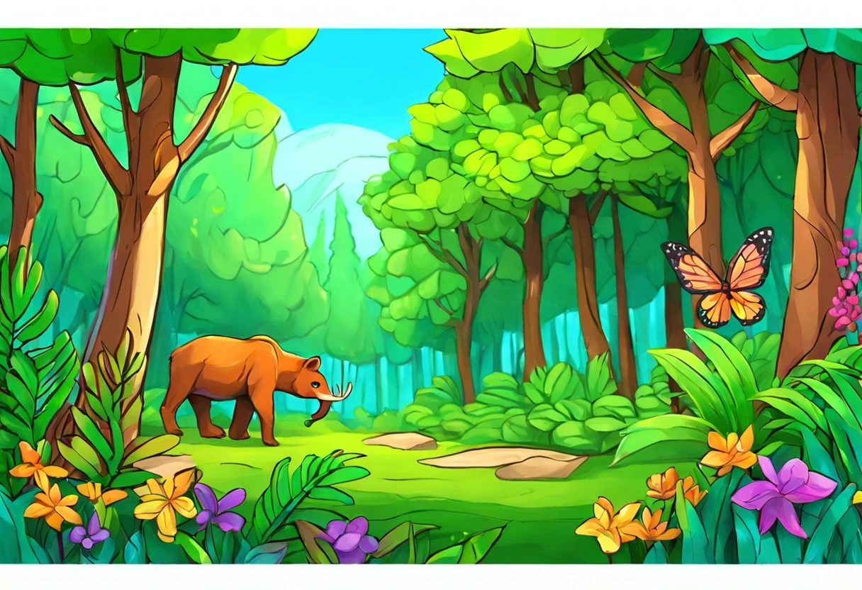 A vibrant 3D painting depicting a tranquil forest with a bear, colorful flowers, and a butterfly, showcasing techniques for creating depth in art.