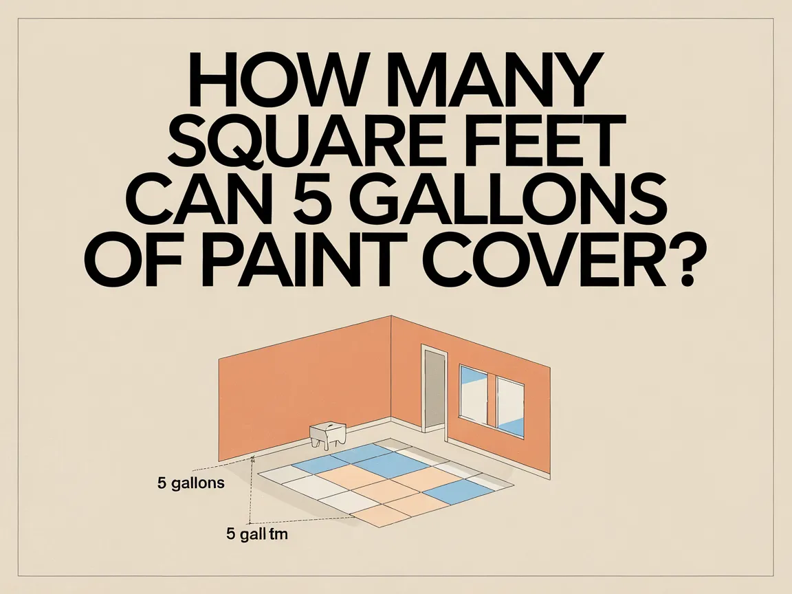 Illustration showing how many square feet 5 gallons of paint can cover, with a room layout and paint details.