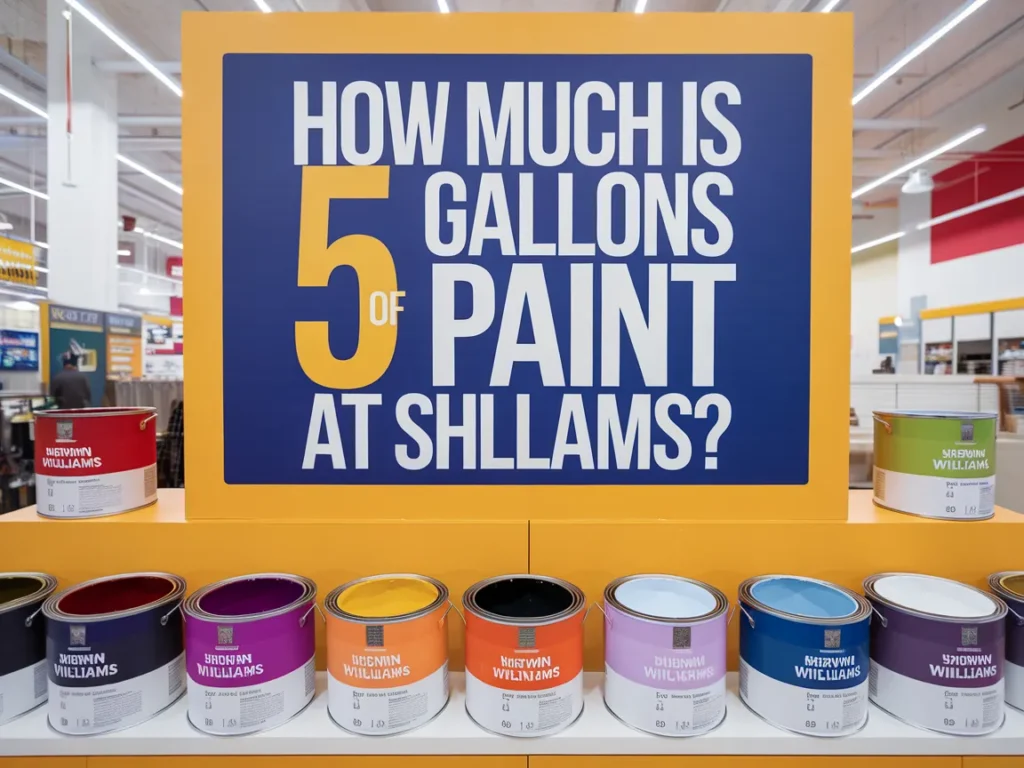 Overview of paint cans and pricing at Sherwin Williams for 5 gallons of paint.