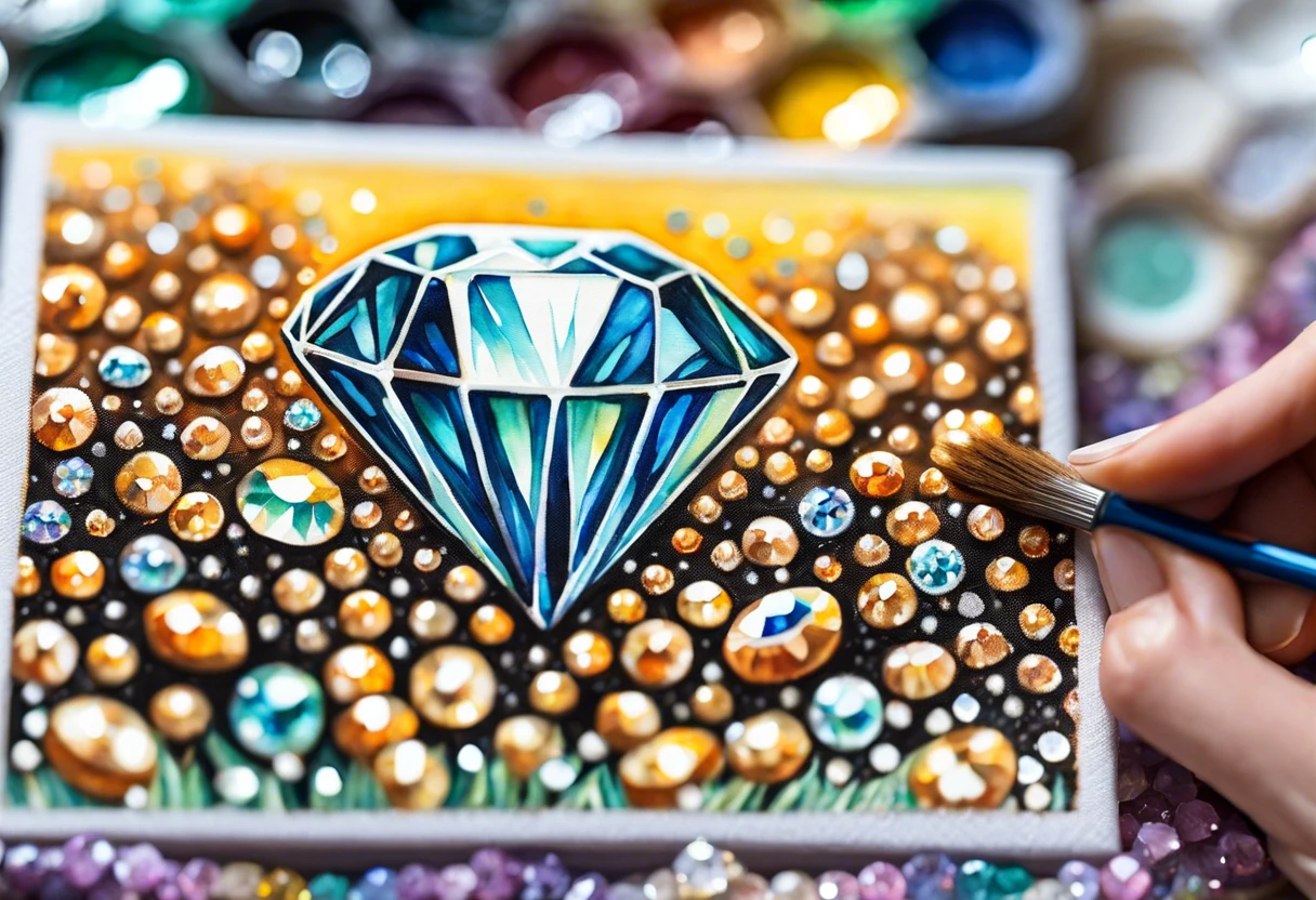 Detailed view of a 5D diamond painting with a large diamond and colorful gems, showcasing the art technique.