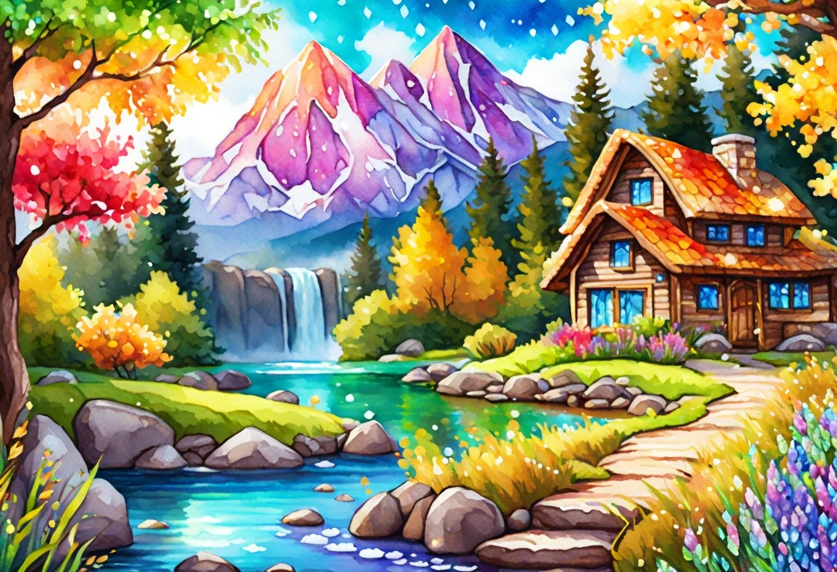 A vibrant landscape 5D diamond painting featuring mountains, a waterfall, and a cozy cabin, showcasing the creativity of diamond painting.