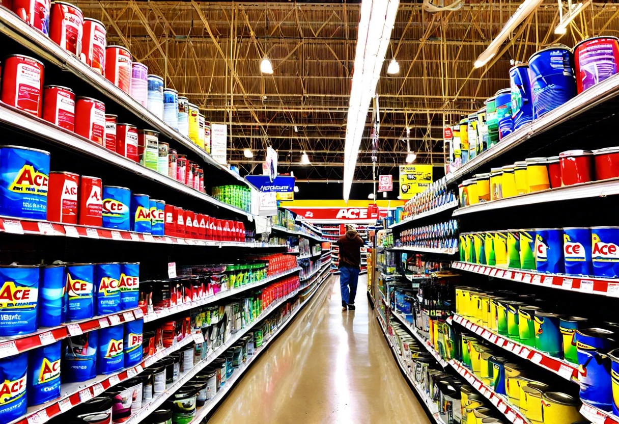 Aisle at Ace Hardware showcasing various paint cans available for purchase.