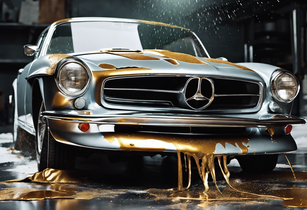 A car with gold paint dripping off its surface, illustrating the effects of acetone on car paint.