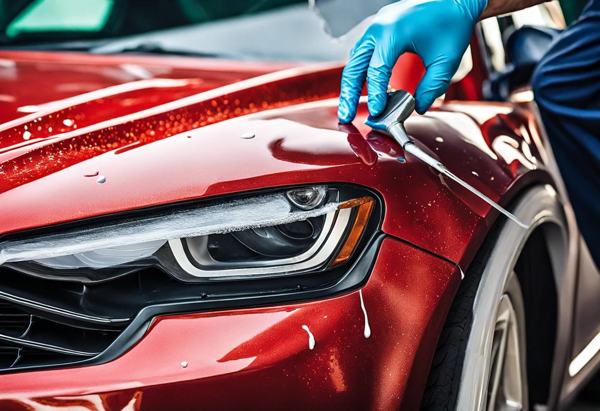 Applying acetone to remove car paint from a red vehicle.