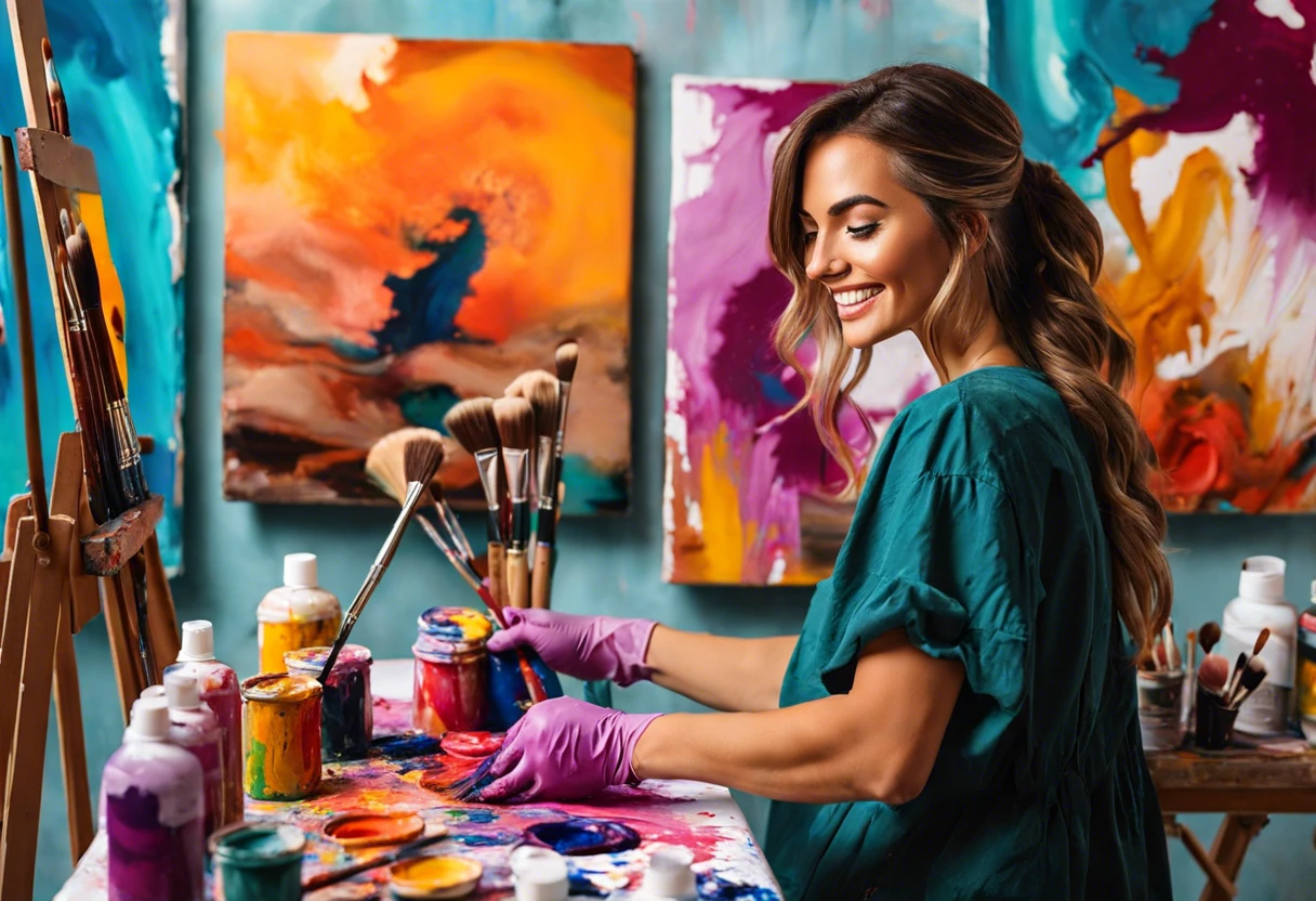 Person using acetone to remove paint from surfaces in an art studio.