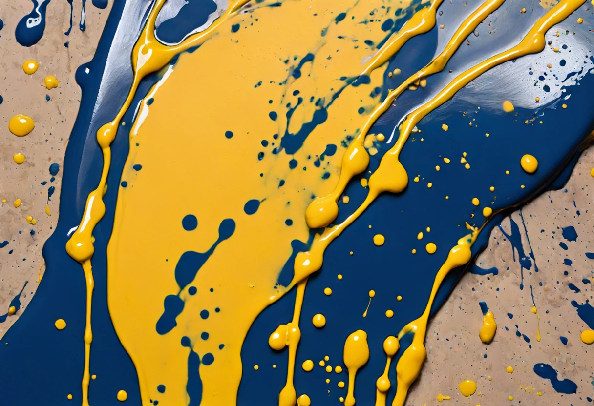 Close-up of blue and yellow paint spills on a surface, illustrating the effects of acetone on paint.