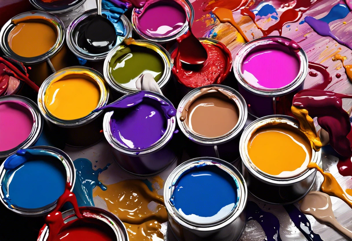 Various paint cans with vibrant colors showing paint consistency for acetone as paint thinner.