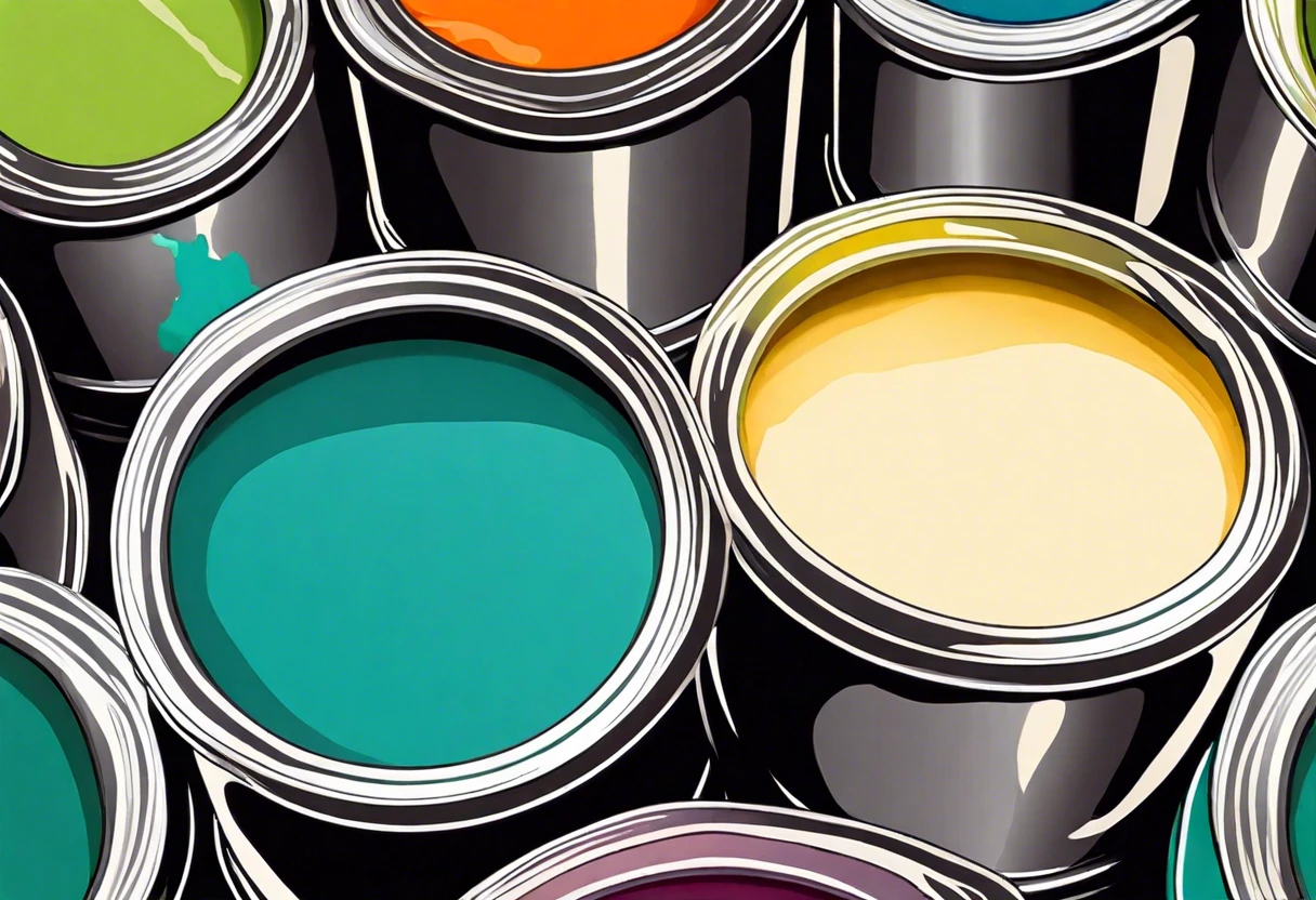 Cans of acrylic craft paint and latex interior paint in vibrant colors, illustrating the mixing possibilities.