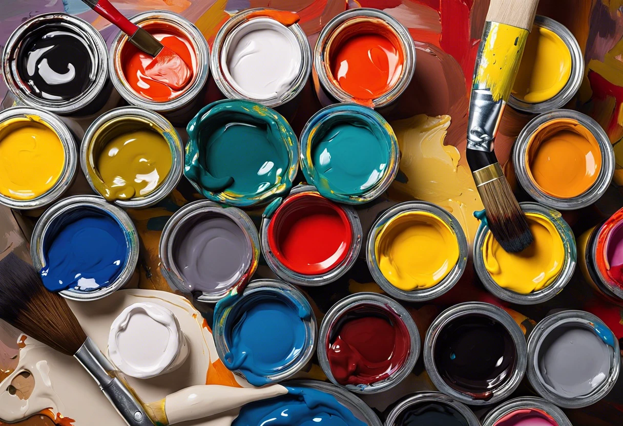 Variety of acrylic craft paints in jars with paintbrush, relevant to mixing acrylic craft paint with latex interior paint.