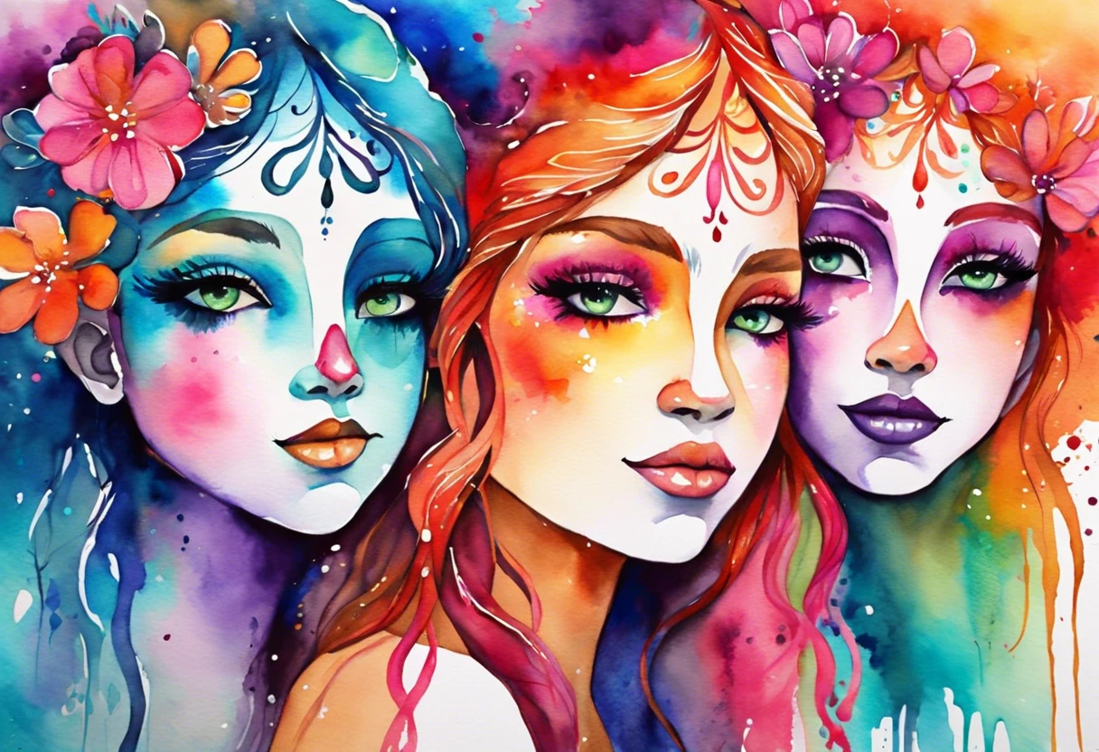 Three artistic faces painted with acrylic paint showcasing vibrant colors and designs, relevant for using acrylic paint as face paint.