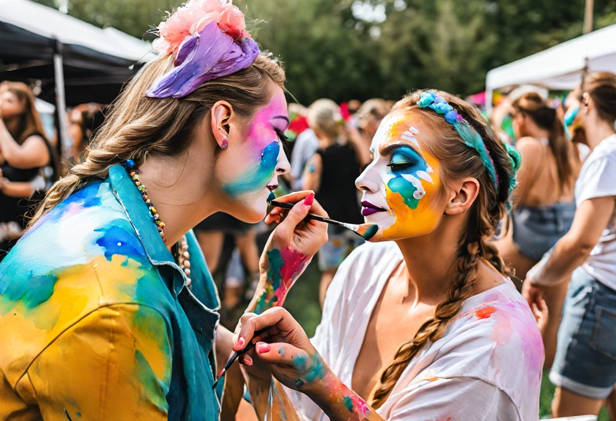 Two women applying colorful acrylic paint as face paint at an outdoor event