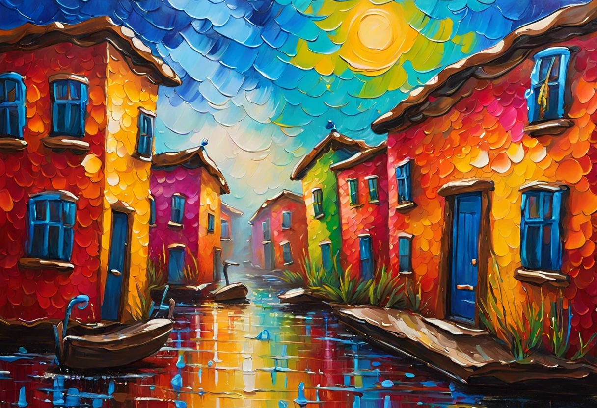 Vibrant painting depicting the mixing of acrylic and latex paints in artistic landscape.