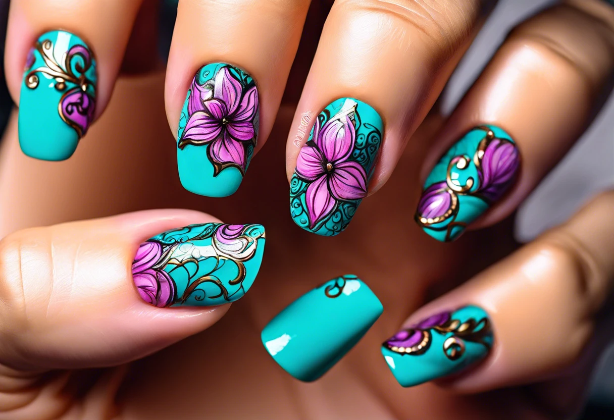 Beautifully painted acrylic nails with floral designs and vibrant colors.