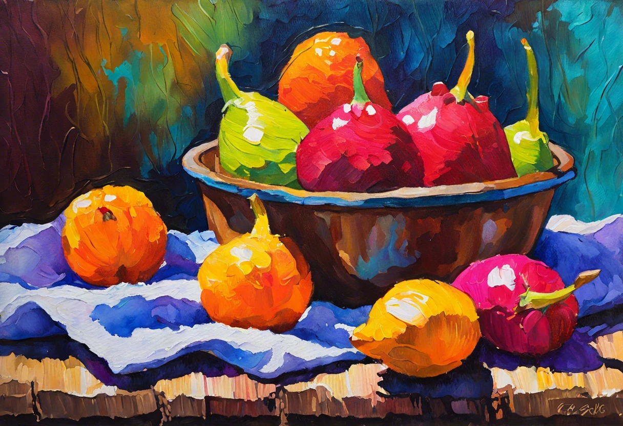 A vibrant acrylic painting of fruits in a bowl on watercolor paper, illustrating the effects of painting acrylic on watercolor surfaces.