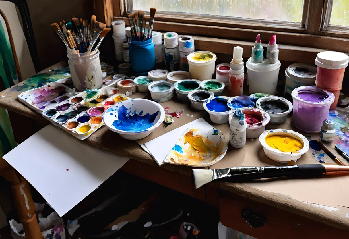 A cluttered artist's workspace featuring acrylic paints, watercolor paper, and brushes, illustrating the process of painting acrylic on watercolor paper.