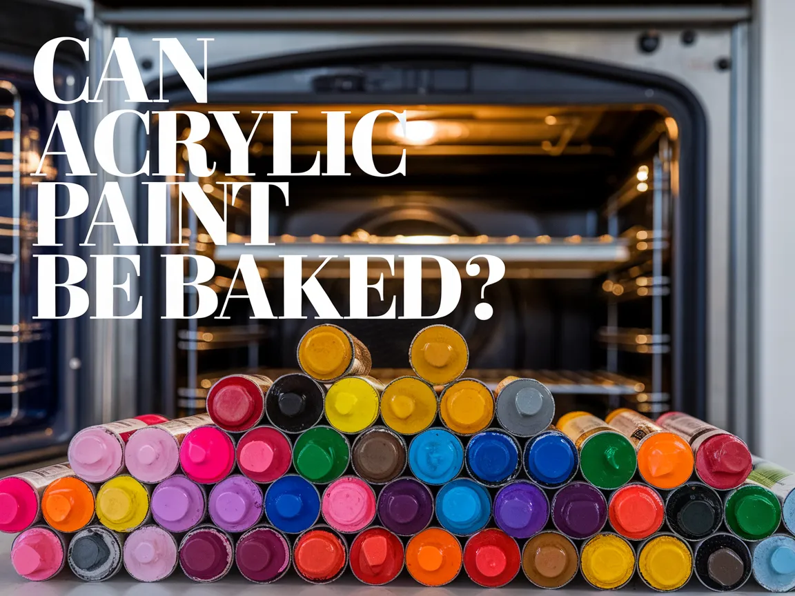 Various colors of acrylic paint tubes arranged in front of an oven, discussing can acrylic paint be baked.