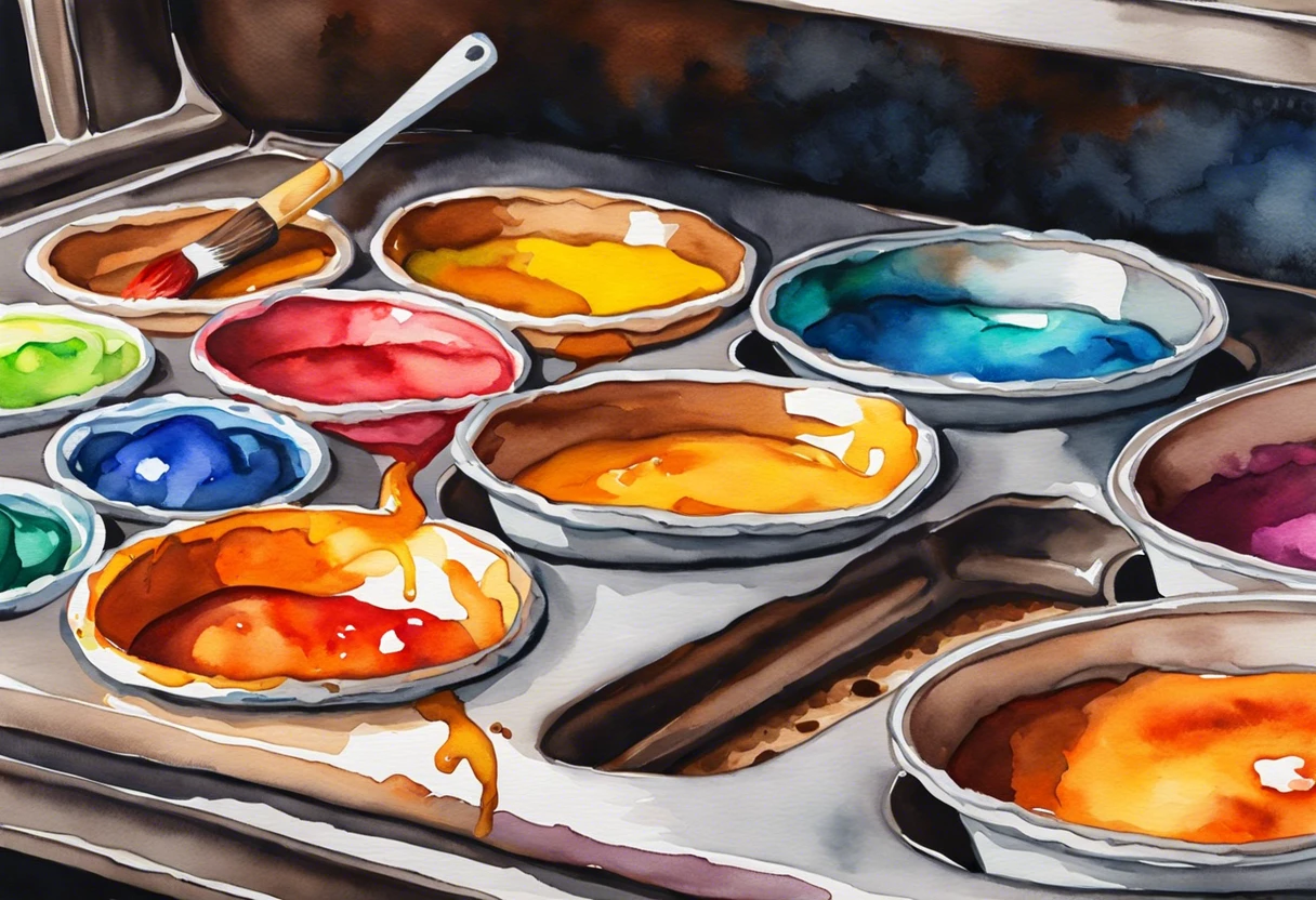 An array of vibrant acrylic paints in dishes, relevant for understanding if acrylic paint can be baked.