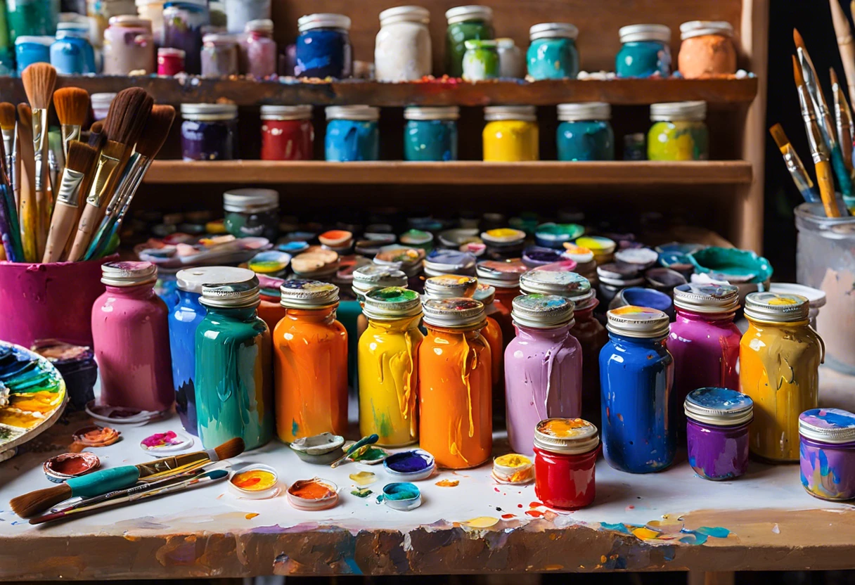 A collection of vibrant acrylic paint bottles and brushes for artists.