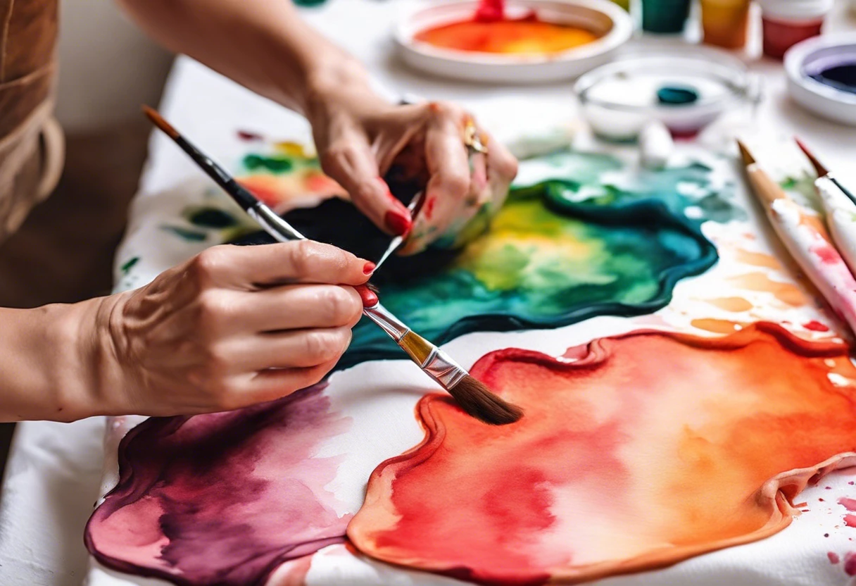 Hands applying acrylic paint on fabric, demonstrating how to dye fabric with acrylic paint.