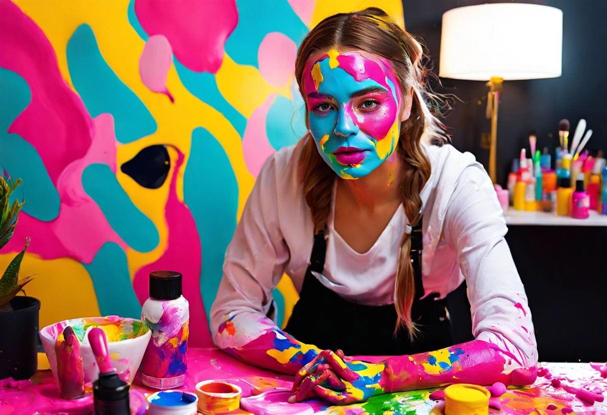 Person with colorful acrylic paint on their face, showcasing body art.