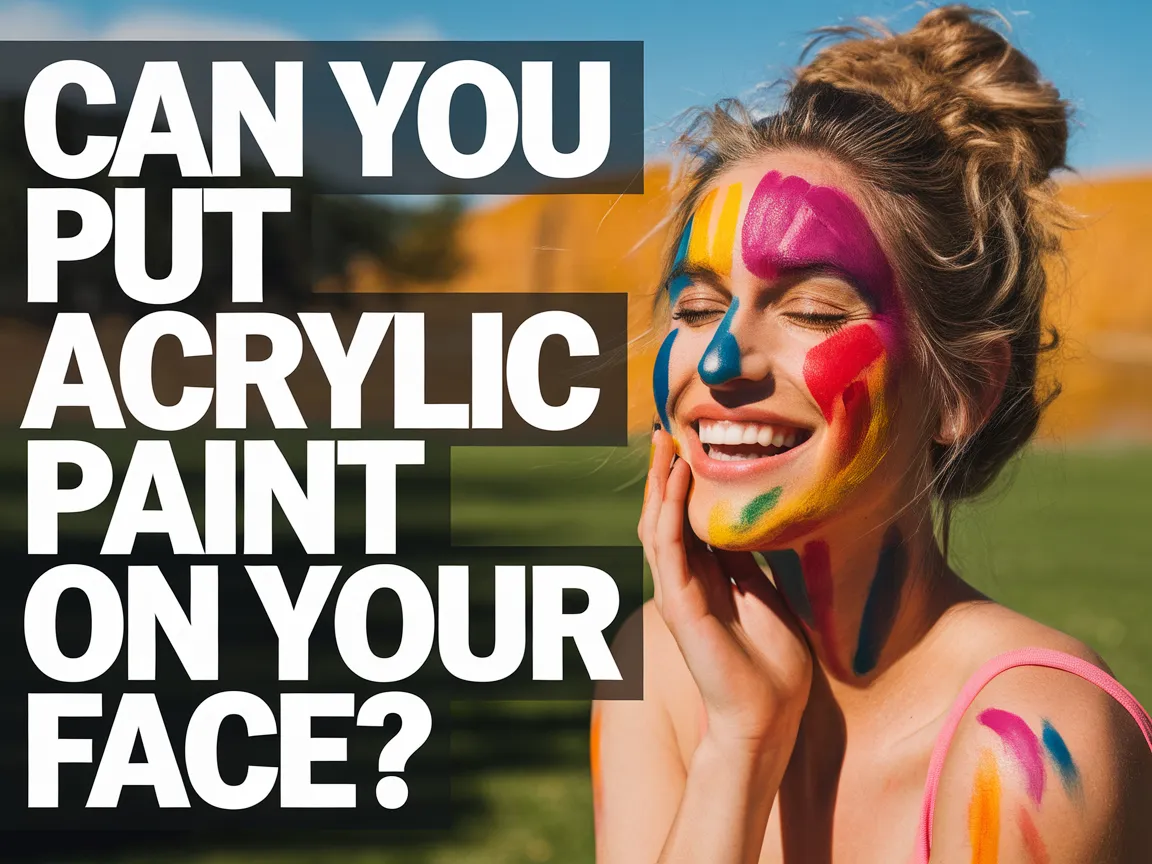 A smiling woman with colorful acrylic paint on her face, showcasing artistic expression.