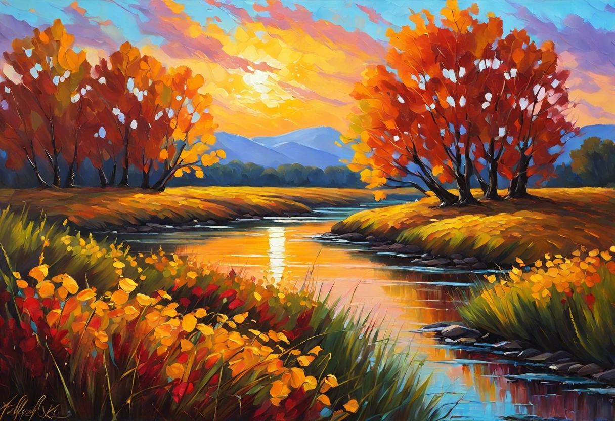 Acrylic painting showcasing a beautiful sunset landscape with autumn trees and a river.