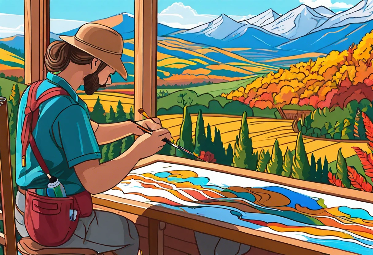 An artist painting a mural with acrylic paint, showcasing vibrant colors and a scenic landscape, perfect for mural projects.