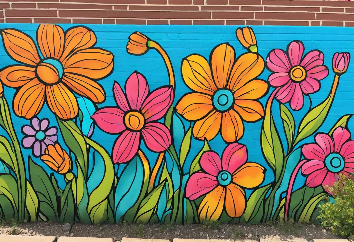 A vibrant mural painted with acrylic paint featuring colorful flowers against a bright blue background, demonstrating the effectiveness of acrylic paint for murals.