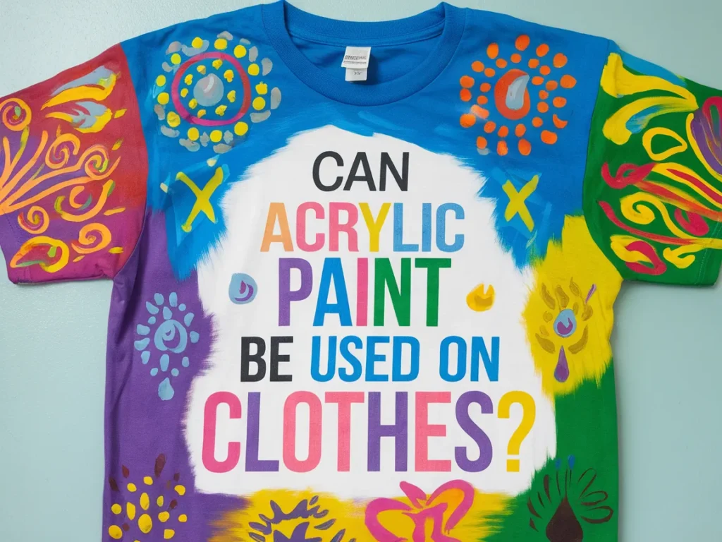 Colorful t-shirt with the question 'Can Acrylic Paint Be Used On Clothes?' painted on it, showcasing the use of acrylic paint on fabric.