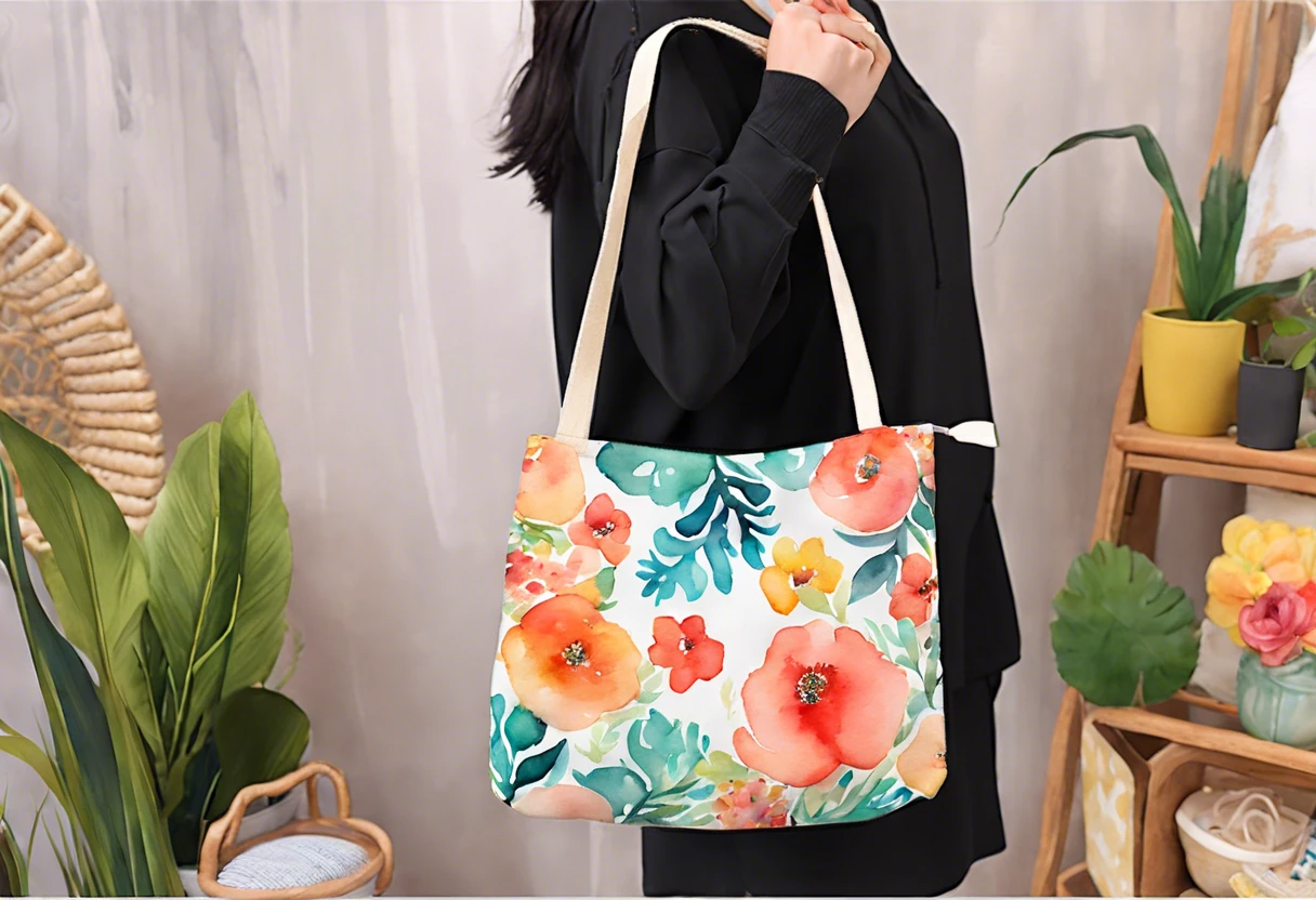 A stylish tote bag painted with floral acrylic designs showcasing the use of acrylic paint on clothing.