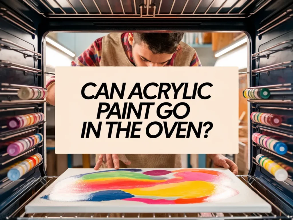 A person placing a colorful canvas with acrylic paint into an oven, exploring the question of whether acrylic paint is oven-safe.