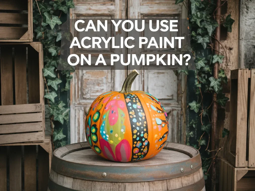 A creatively painted pumpkin showcasing vibrant colors and patterns using acrylic paint.