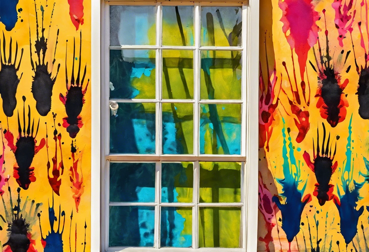Colorful painted window with acrylic paint showing vibrant colors on glass