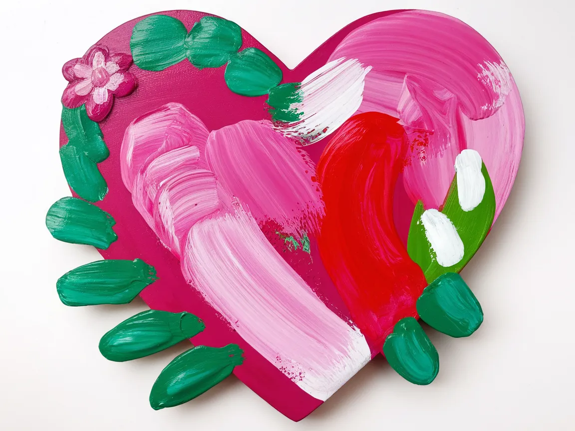 Colorful heart-shaped wooden piece painted with acrylic paint, showcasing vibrant colors and techniques.