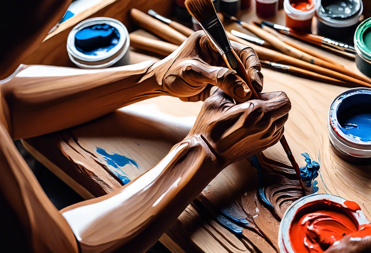 Artist applying acrylic paint on wood surface with brushes, demonstrating the use of acrylic paint on wood.