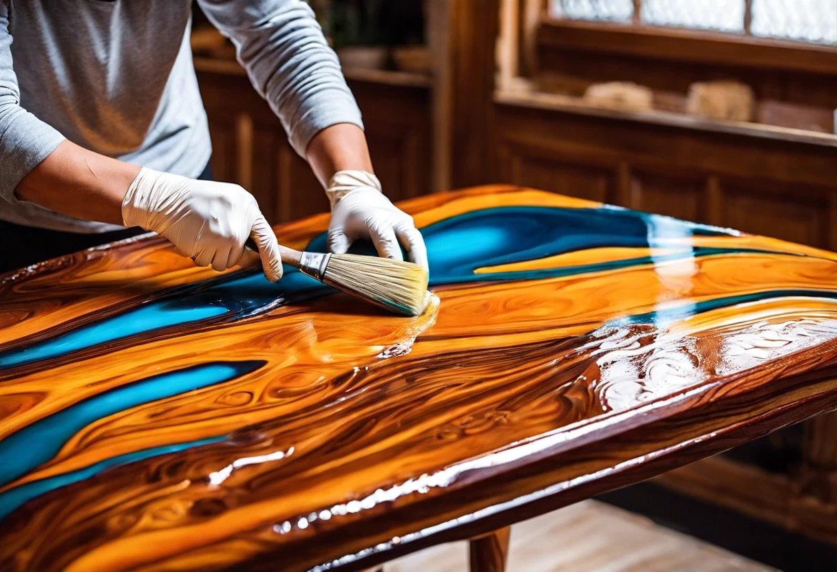 A artist applying acrylic paint on a wooden surface, demonstrating how to paint wood with acrylic paint