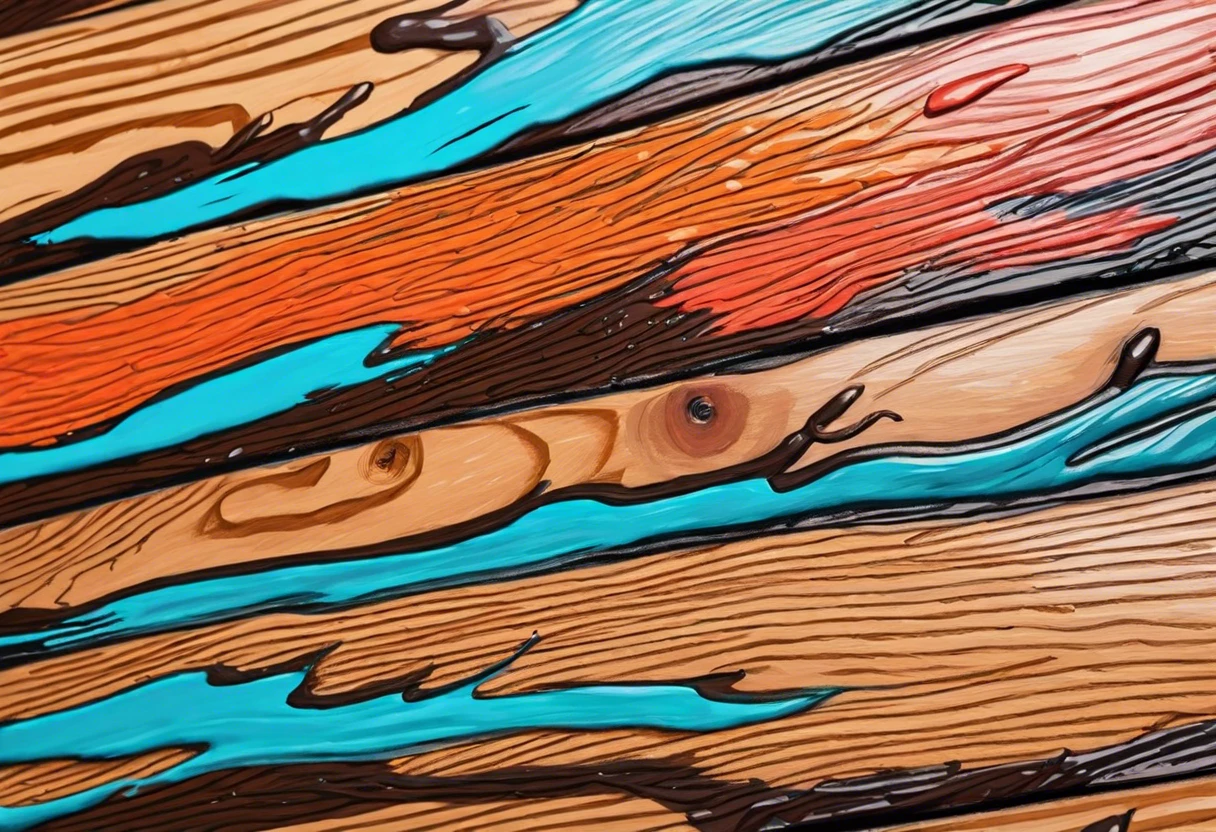 Vibrant acrylic paint applied on a wooden surface, showcasing colors suitable for wood projects.