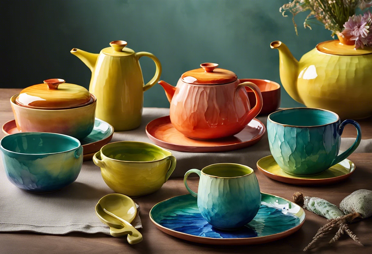 Colorful ceramic dishes and teapots painted with acrylic paint, illustrating the creativity of baking with acrylics.