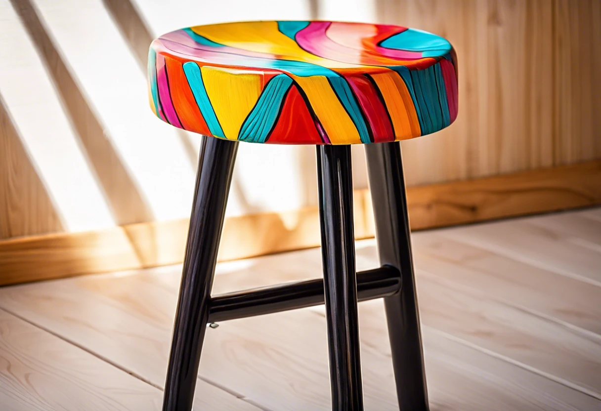 Vibrantly painted wooden stool using acrylic paint, showcasing colorful patterns.