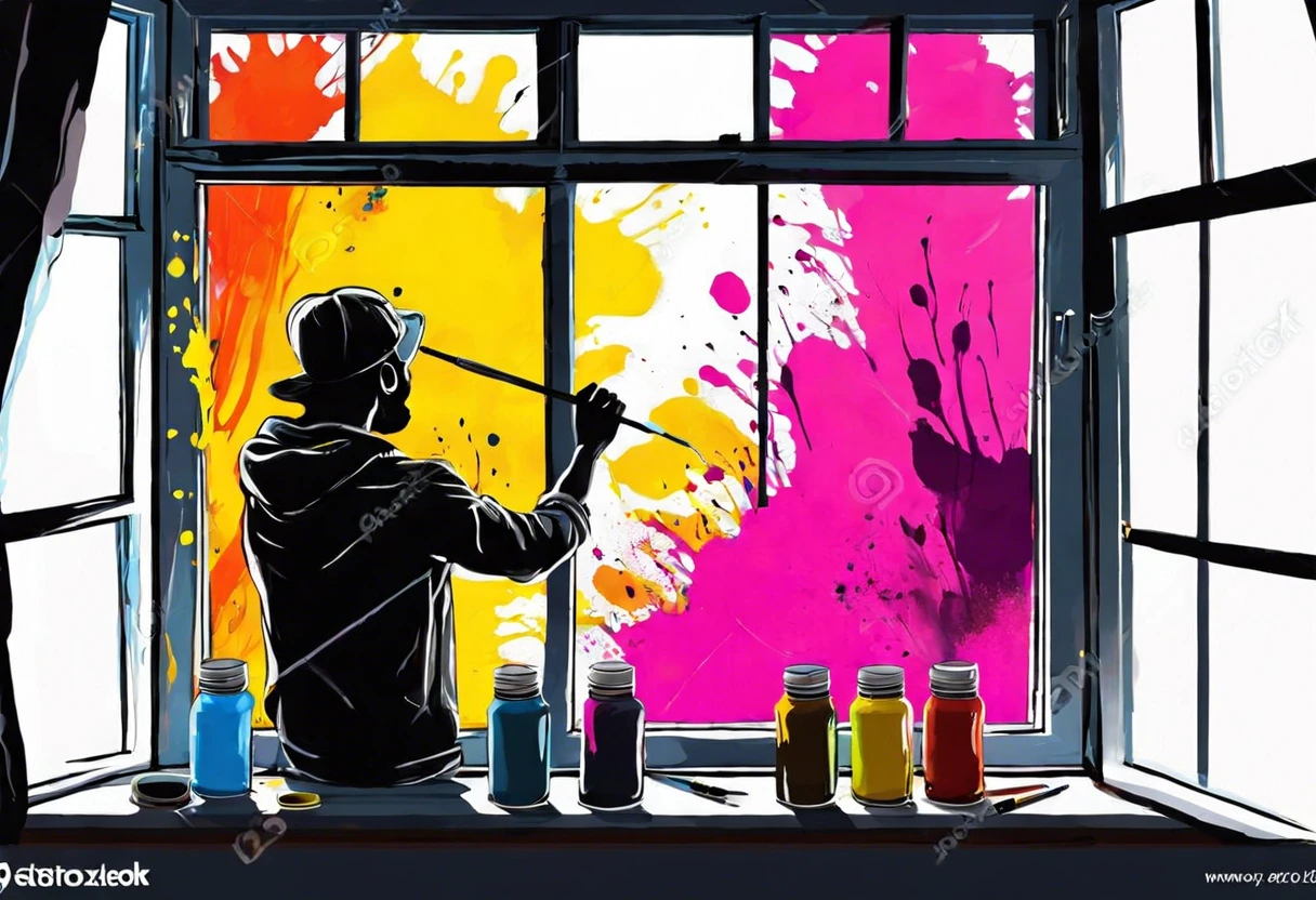 A person applying colorful acrylic paint on a window, demonstrating how to use acrylic paint on windows.