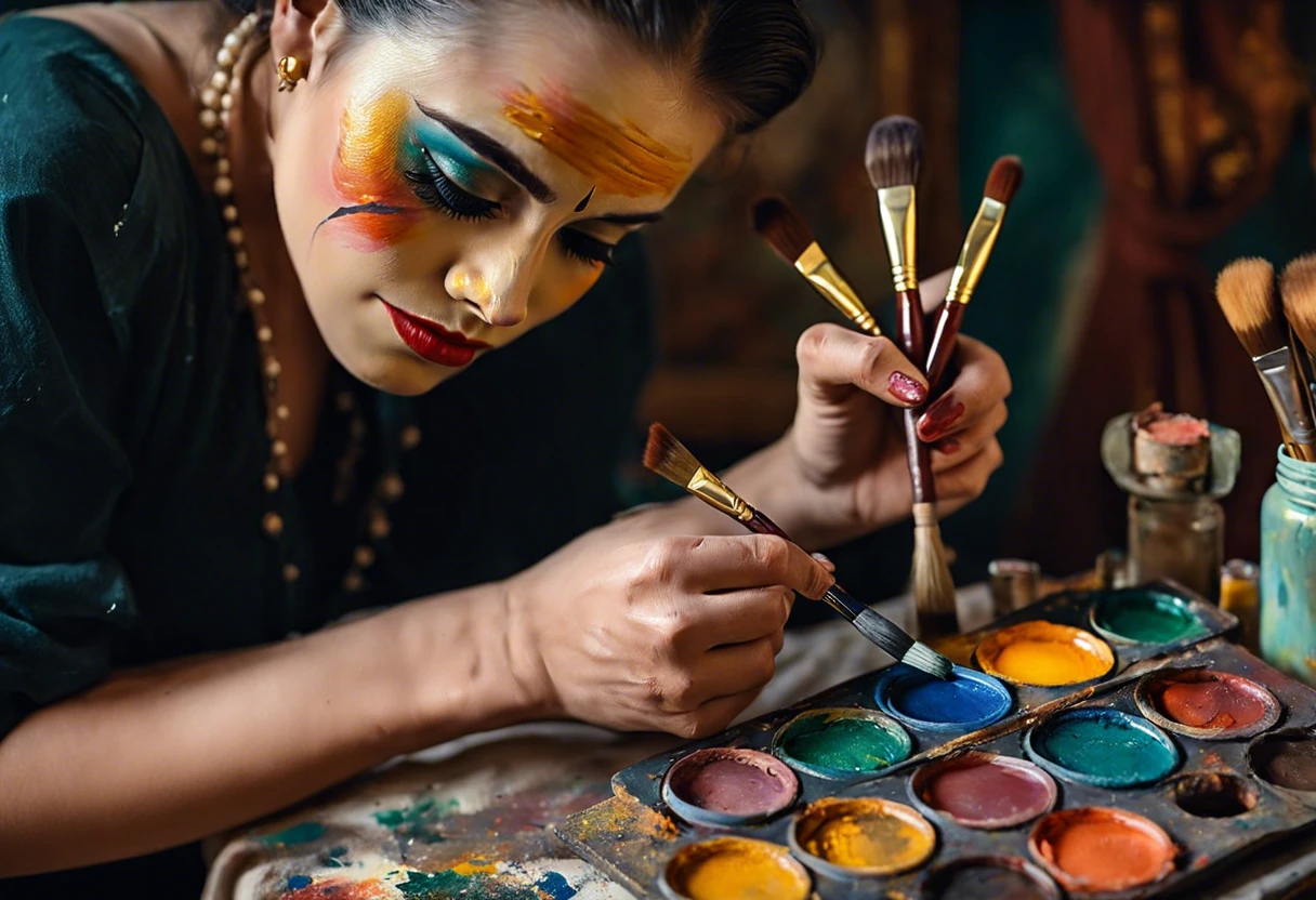 A woman applying oil based face paint using brushes, demonstrating activation techniques.