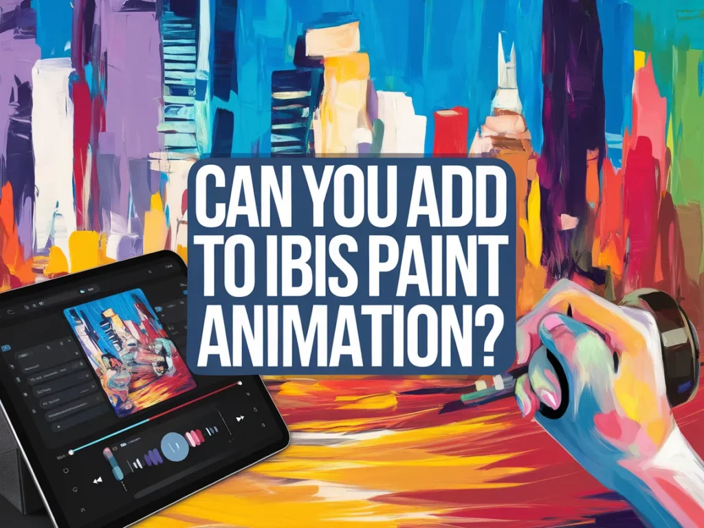 Illustration showing the question of adding audio to Ibis Paint animation, with a vibrant cityscape in the background.