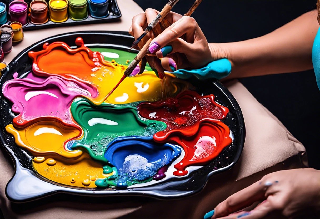 A person using a brush to mix water into vibrant acrylic paint colors on a palette.