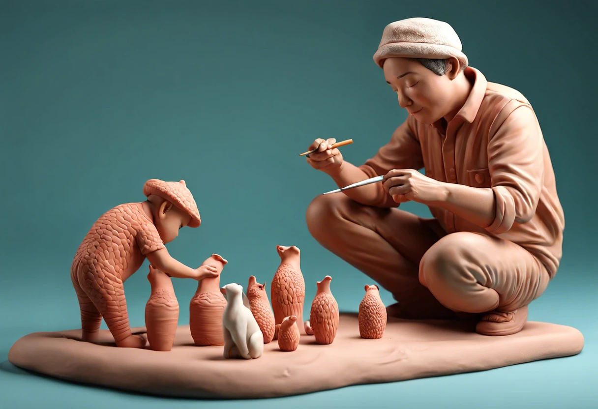 Artist painting air dry clay sculptures before they dry, demonstrating clay painting techniques.