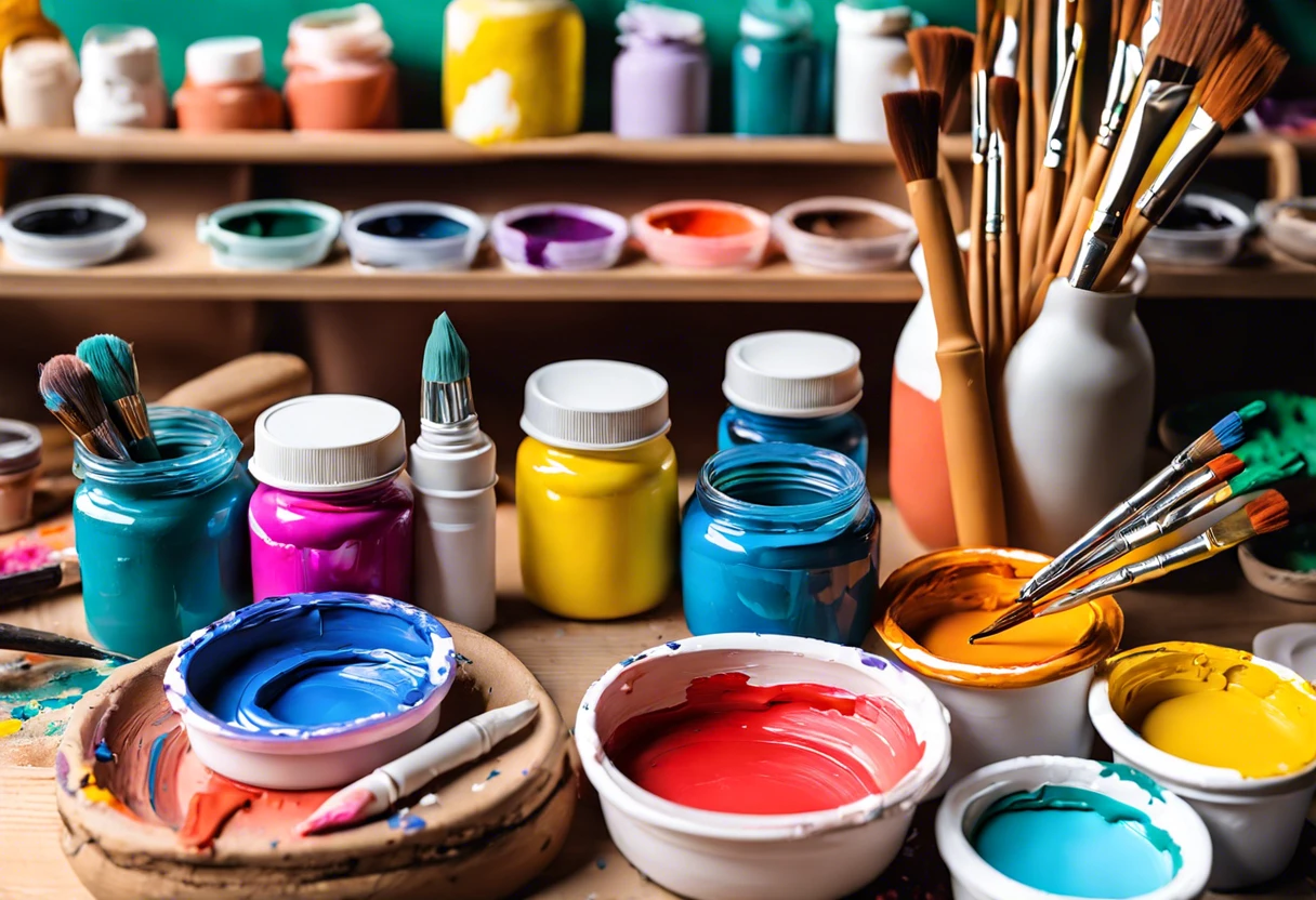 Colorful paints and brushes arranged for painting air dry clay projects.