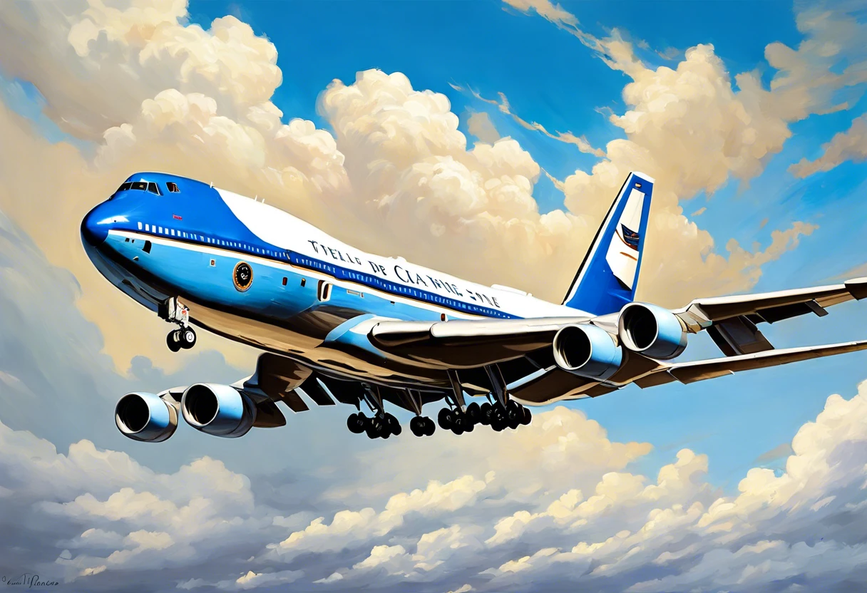 A depiction of Air Force One showcasing its iconic blue and white paint scheme, representing its significance.