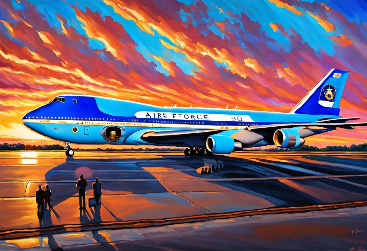 Painting of Air Force One showcasing its iconic blue and white color scheme, representing the presidential aircraft.