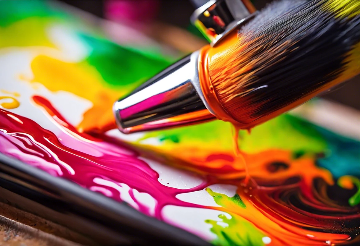 Vibrant airbrush paint being used with a brush on a palette, showcasing a variety of colors for airbrush applications.